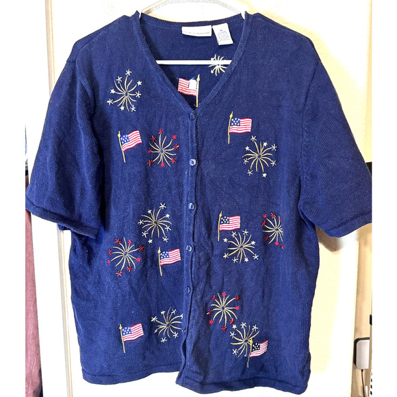 Croft & Barrow Cardigan Sweater Fireworks Flags Embroidered 4th of July USA XL - Picture 1 of 7